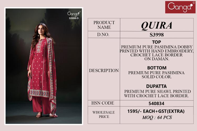 Ganga Quira 3998 catalog salwar kameez fabric wholesale