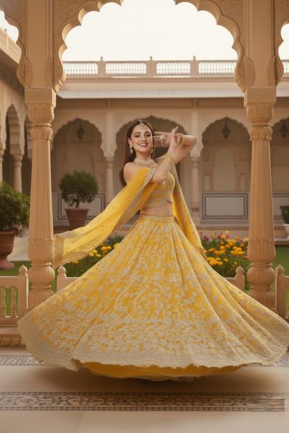 Aawiya Agnilekha 1004 yellow catalog lehenga online india jomso