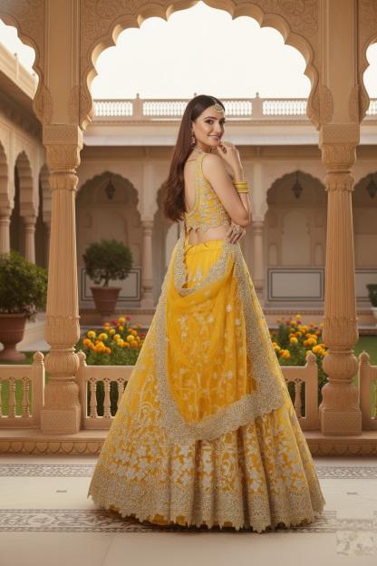 Aawiya Agnilekha 1004 yellow catalog lehenga online india jomso