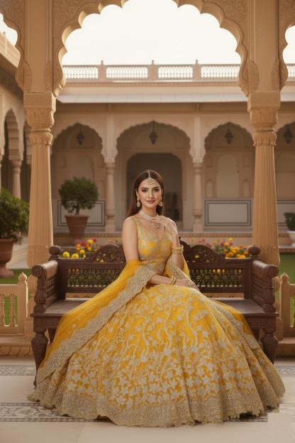 Aawiya Agnilekha 1004 yellow catalog lehenga online india jomso
