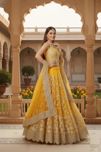 Aawiya Agnilekha 1004 yellow catalog lehenga online india jomso