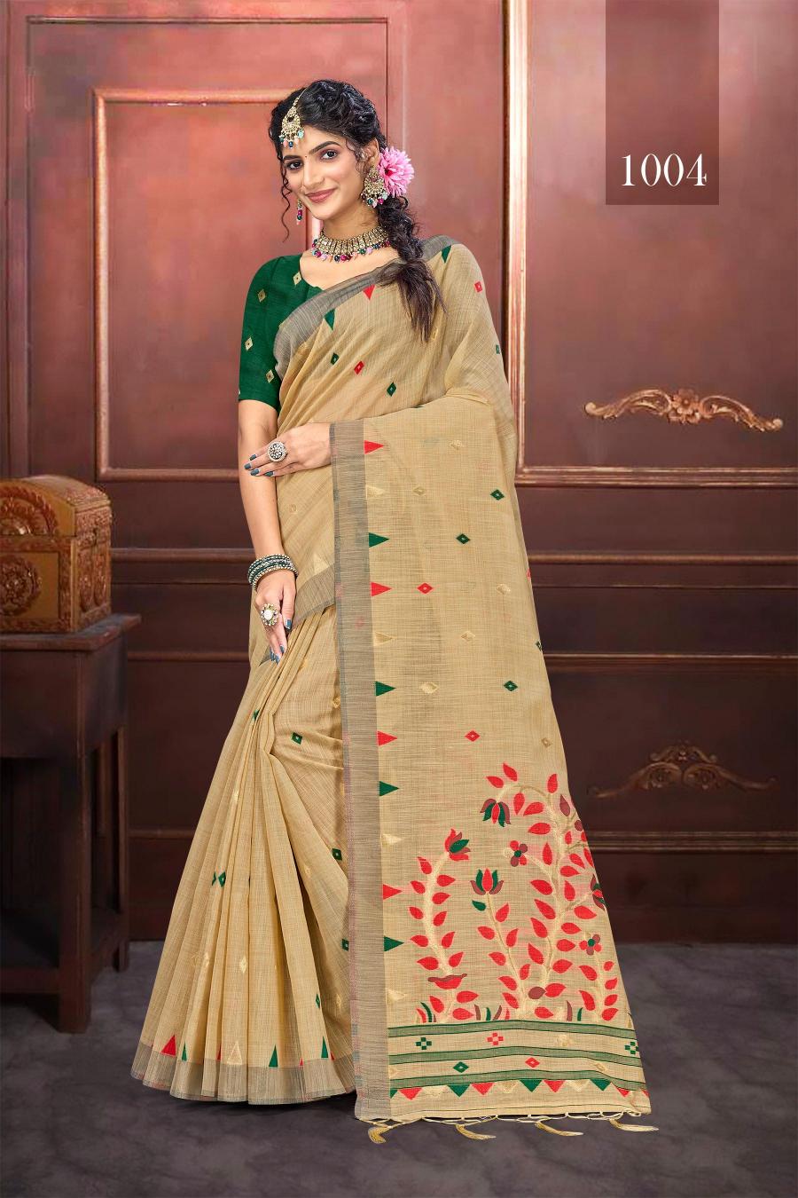 Bunawat - ASHIKA COTTON VOL-02 Sangam Prints Handloom Art Cotton Silk Saree with Woolen Work Woven Traditional Saree
