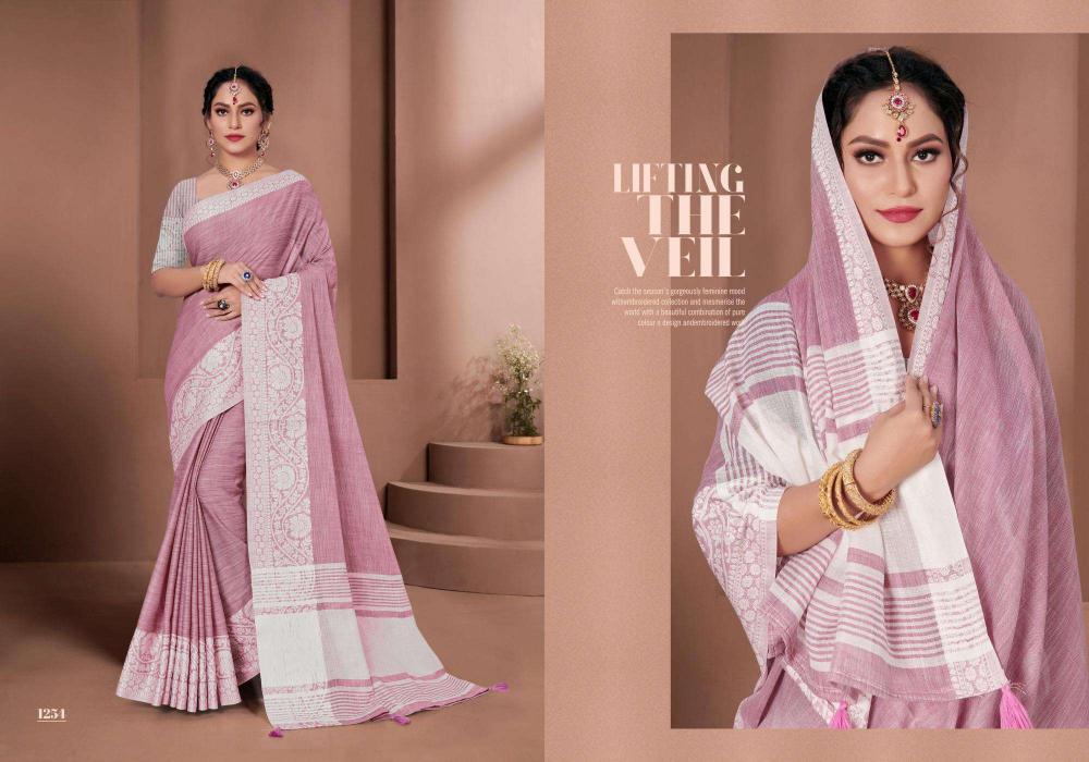 Glossy by astita fancy designer linen fabric saree with Lakhnavi Bordar wholesale saree with latkan 