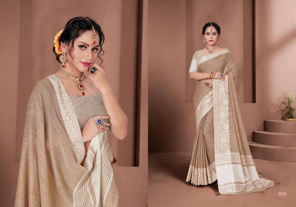Glossy by astita fancy designer linen fabric saree with Lakhnavi Bordar wholesale saree with latkan 