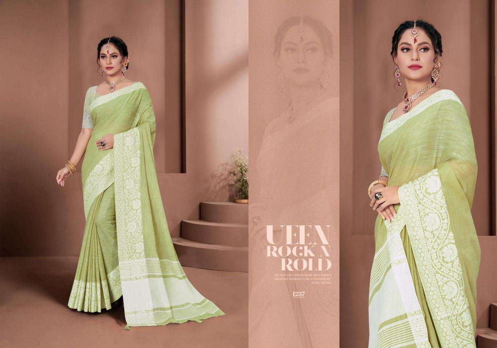 Glossy by astita fancy designer linen fabric saree with Lakhnavi Bordar wholesale saree with latkan 
