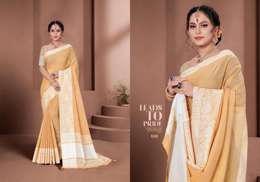 Glossy by astita fancy designer linen fabric saree with Lakhnavi Bordar wholesale saree with latkan 