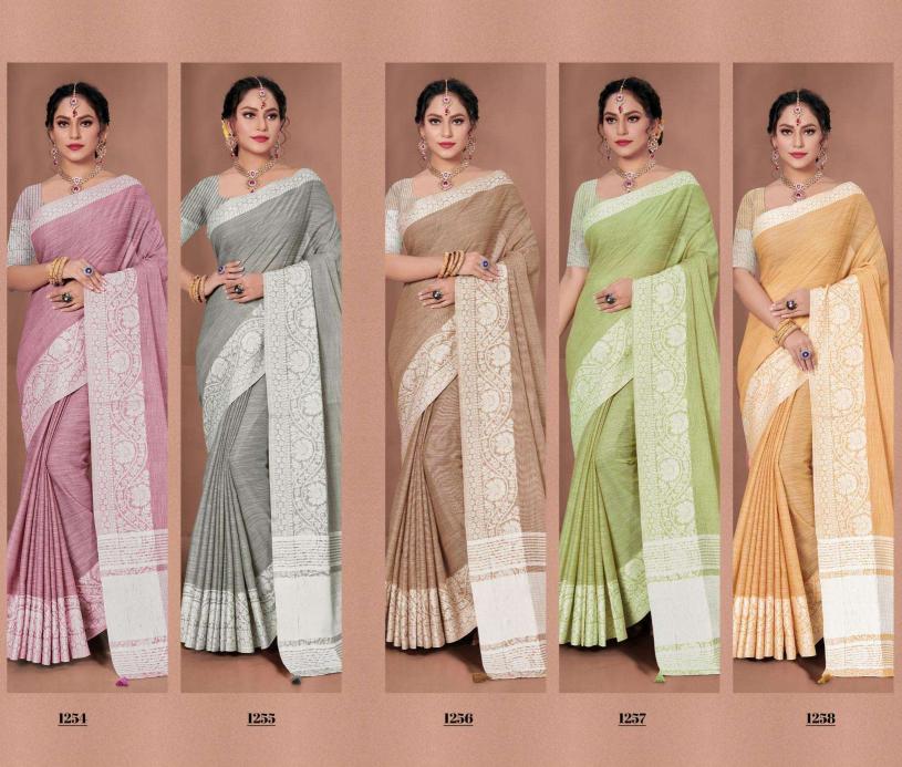 Glossy by astita fancy designer linen fabric saree with Lakhnavi Bordar wholesale saree with latkan 