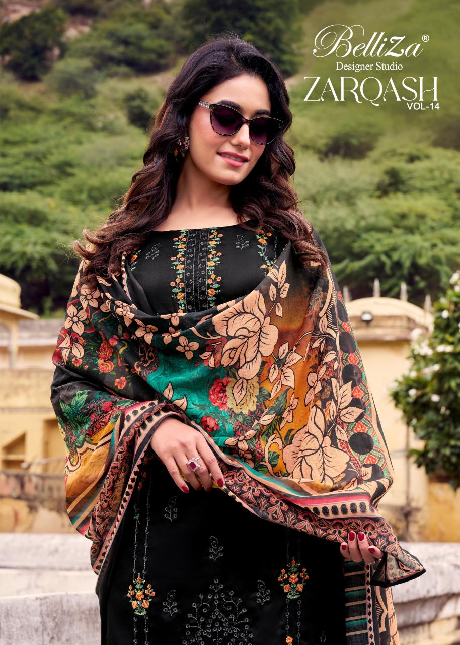 Belliza Zarqash Vol 14 catalog Embroidery ladies dress material wholesalers