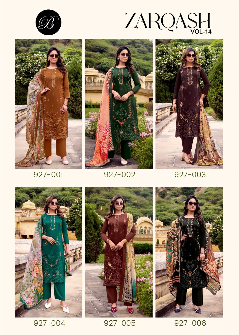 Belliza Zarqash Vol 14 catalog Embroidery ladies dress material wholesalers
