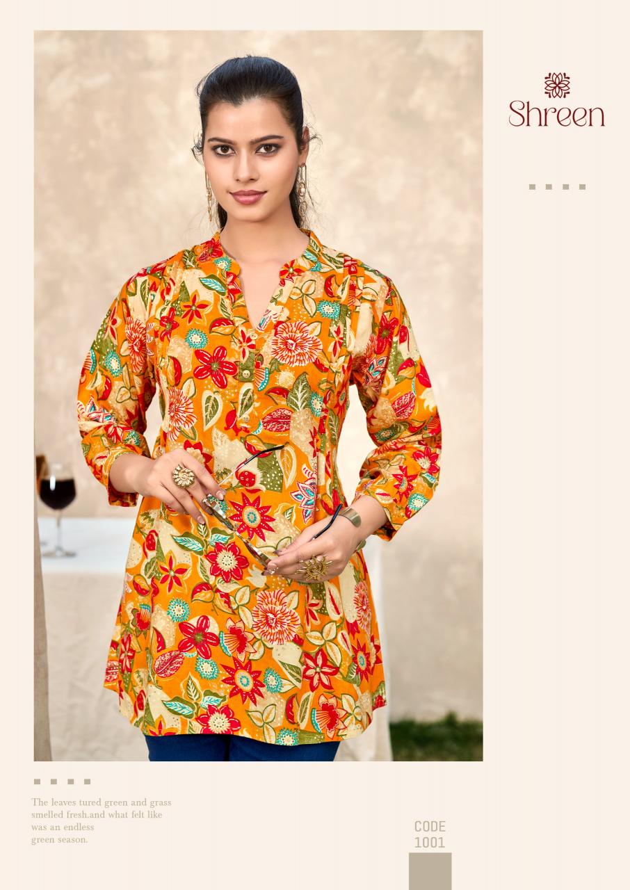 Shreen Trendz New Vol catalog rayon foil print short kurtis 