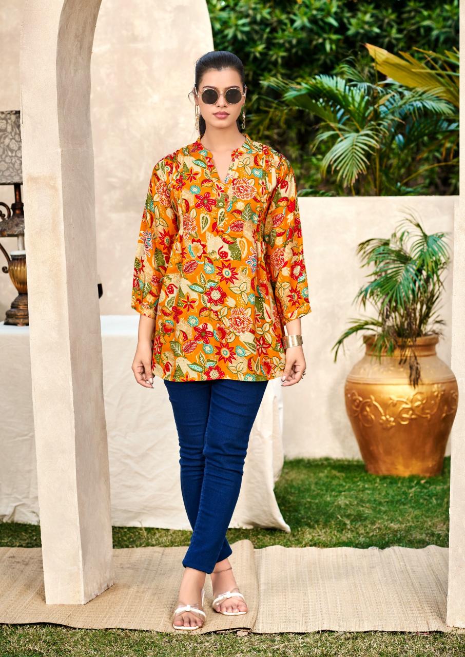 Shreen Trendz New Vol catalog rayon foil print short kurtis 