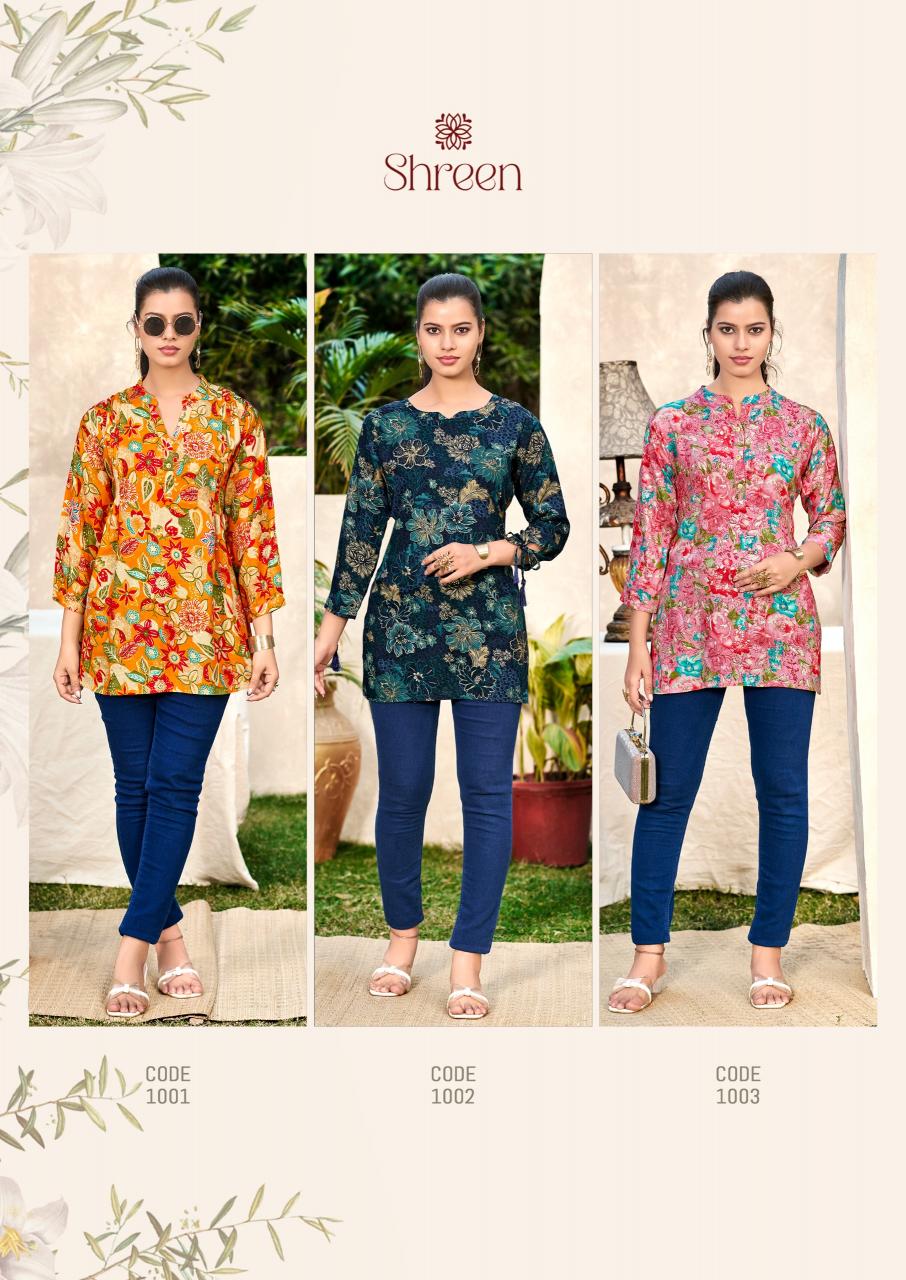 Shreen Trendz New Vol catalog rayon foil print short kurtis 