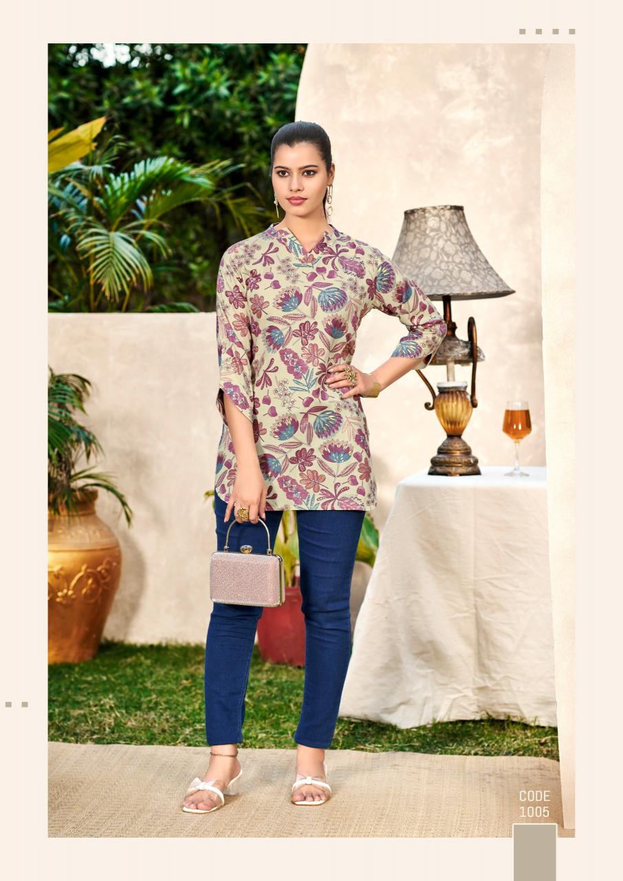 Shreen Trendz New Vol catalog rayon foil print short kurtis 