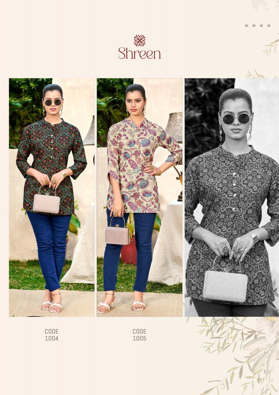 Shreen Trendz New Vol catalog rayon foil print short kurtis 