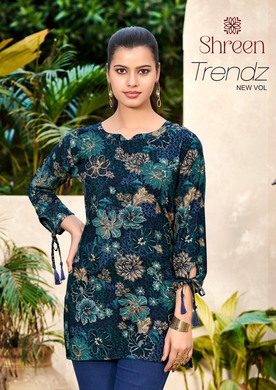 Shreen Trendz New Vol catalog rayon foil print short kurtis 