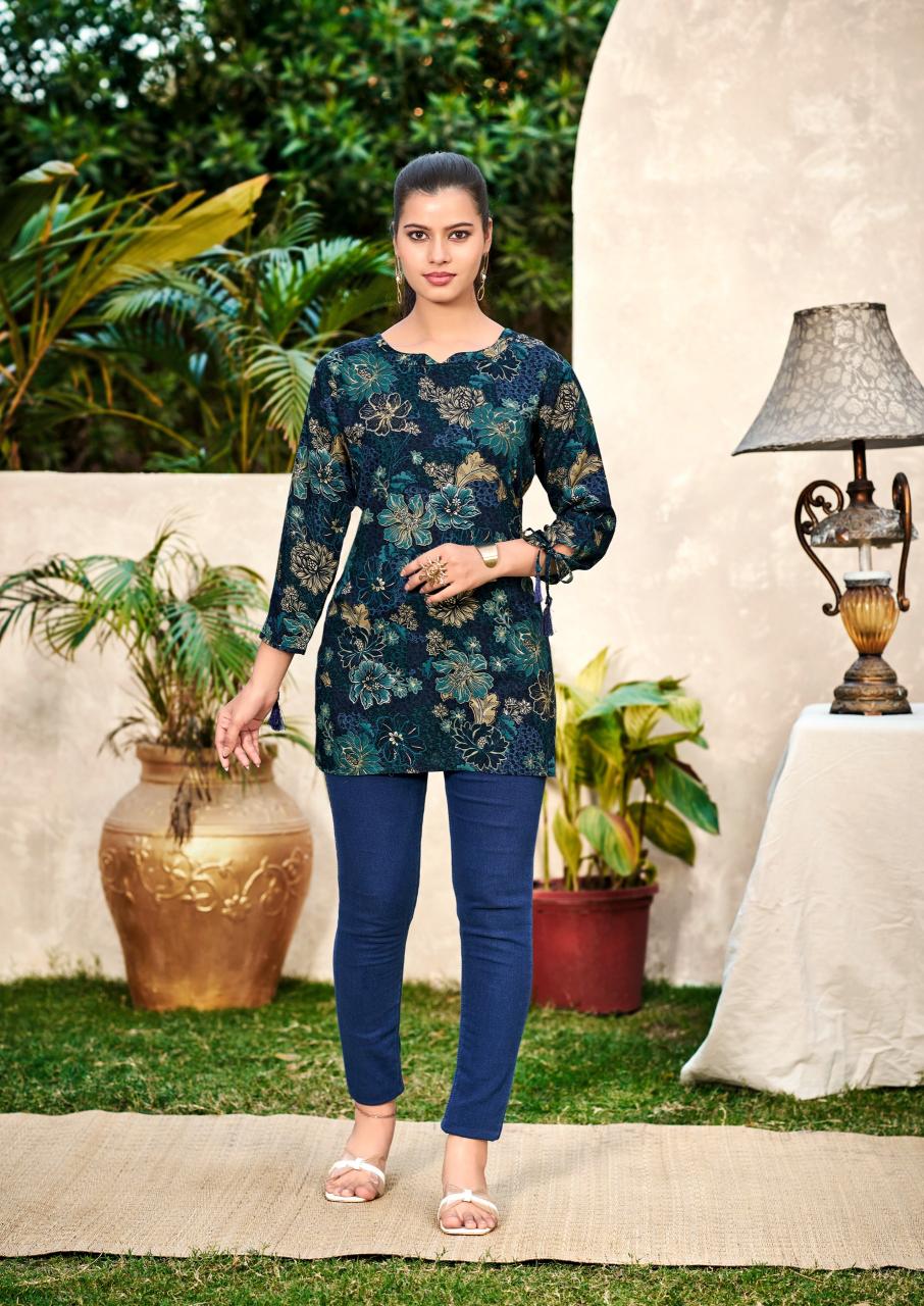Shreen Trendz New Vol catalog rayon foil print short kurtis 