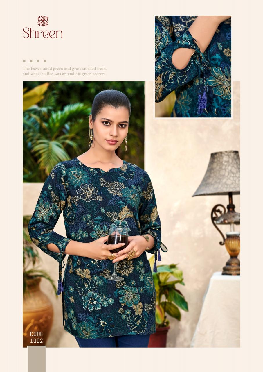 Shreen Trendz New Vol catalog rayon foil print short kurtis 