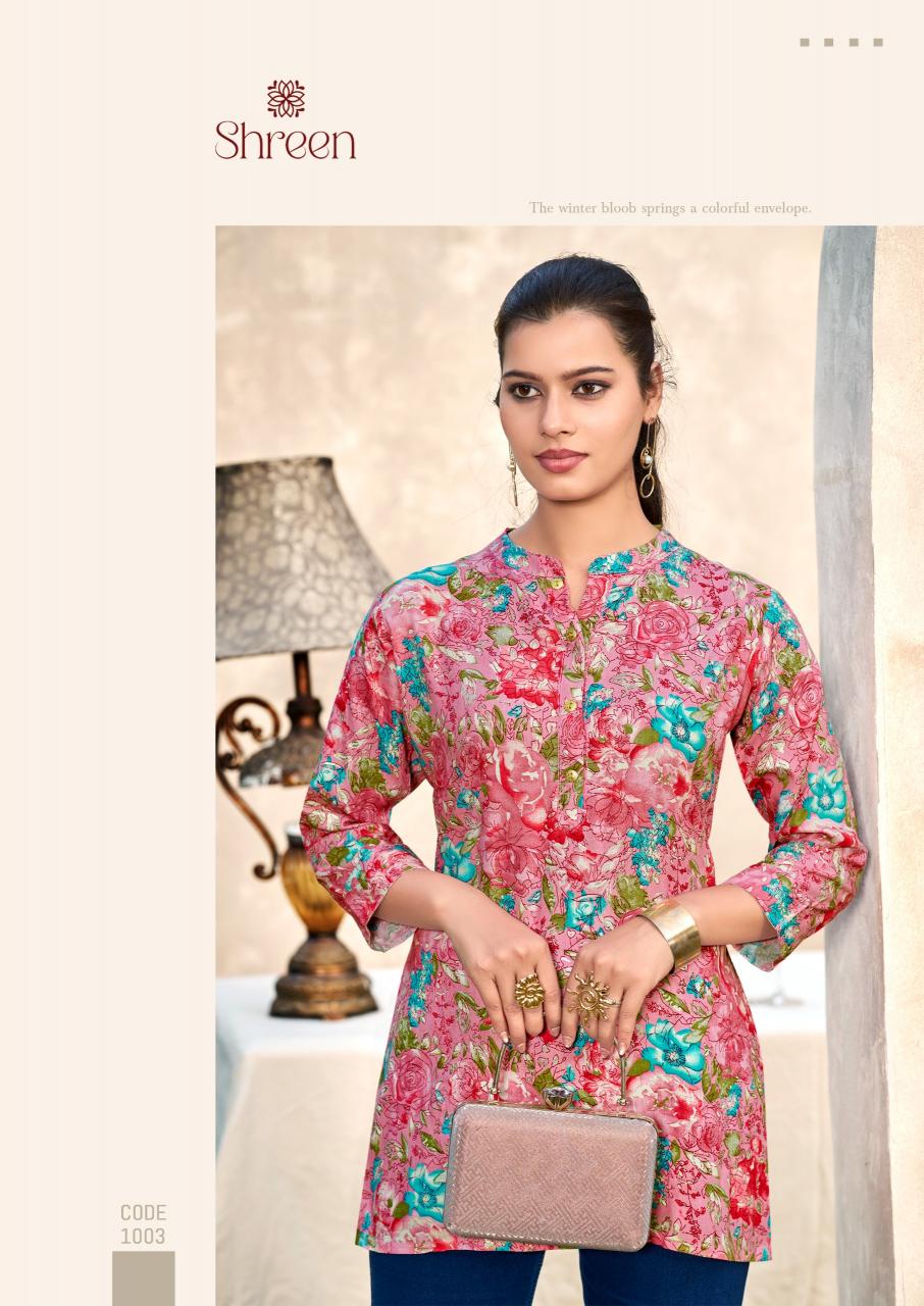 Shreen Trendz New Vol catalog rayon foil print short kurtis 