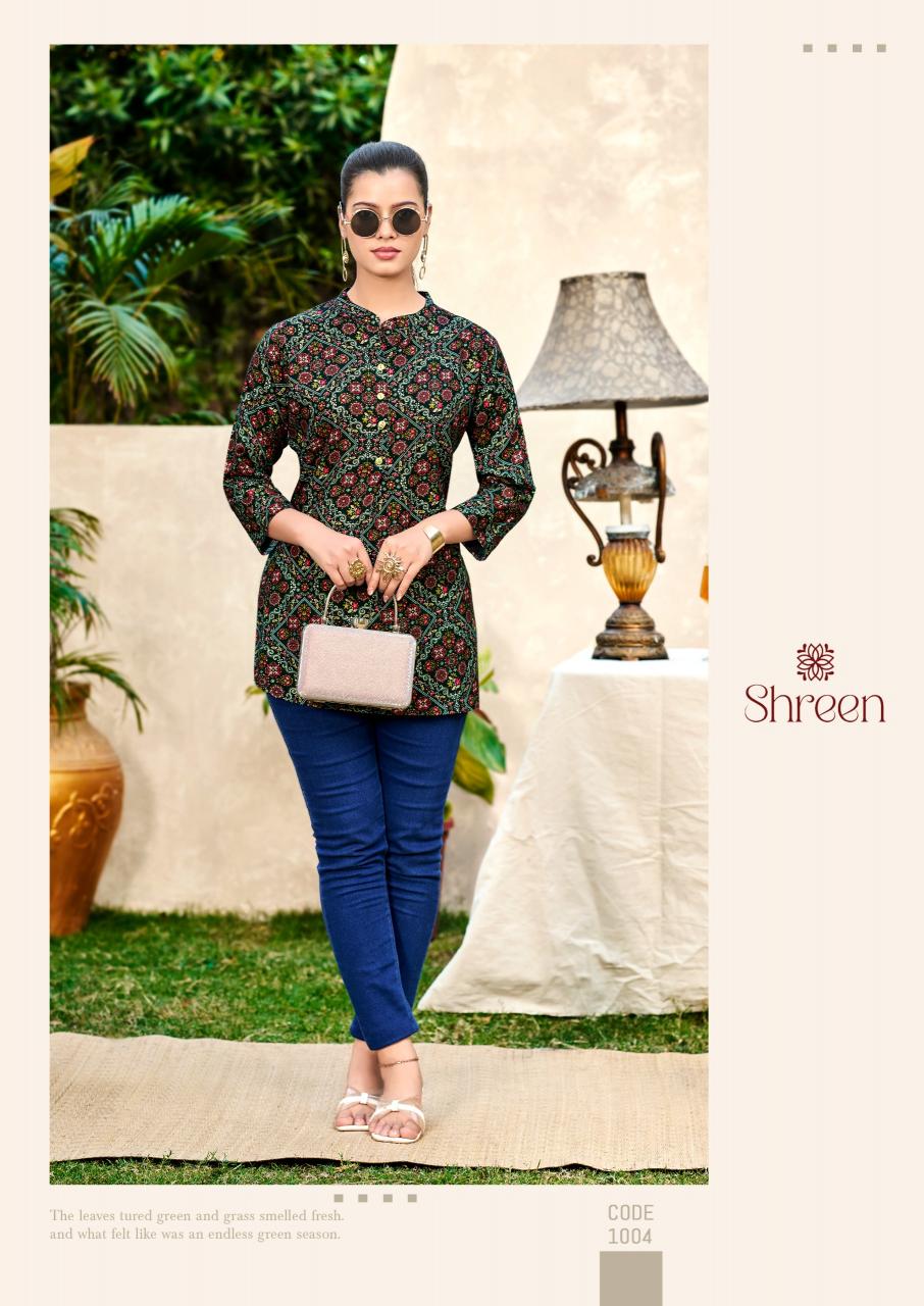 Shreen Trendz New Vol catalog rayon foil print short kurtis 
