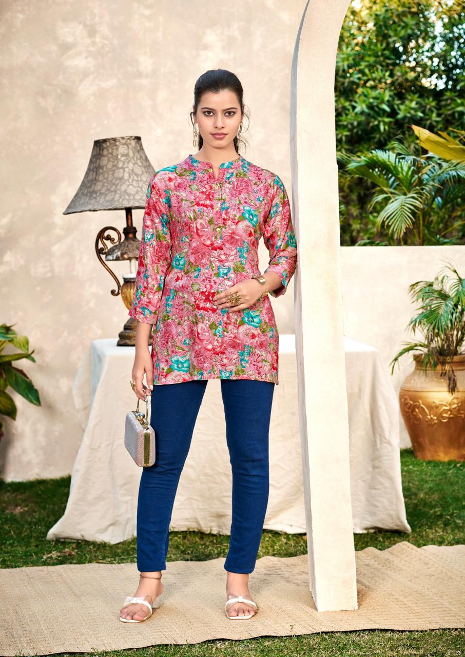 Shreen Trendz New Vol catalog rayon foil print short kurtis 