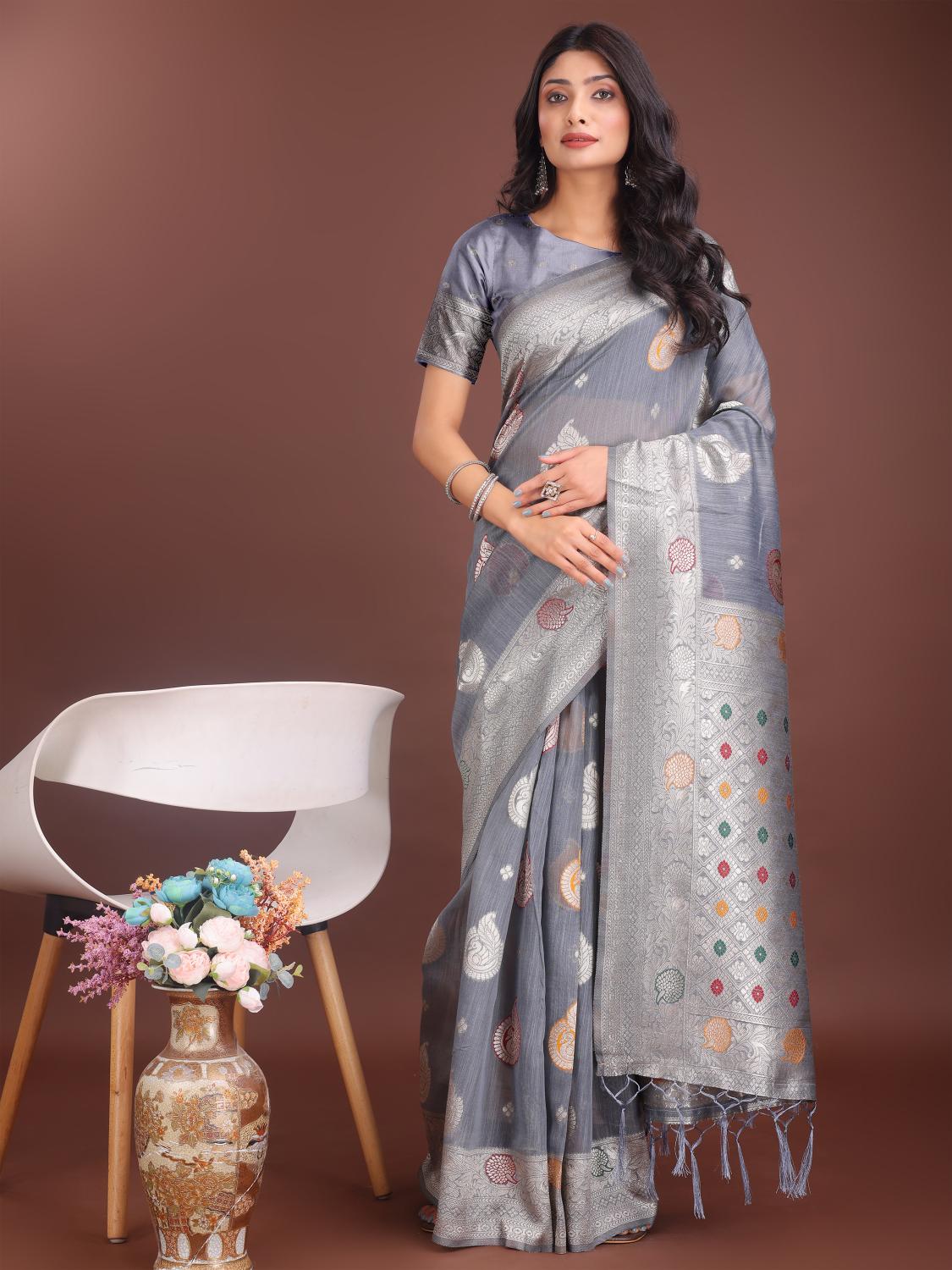 BULBUL by SHREE SHYAM FASHION fancy designer LINEN COTTON  fabric saree wholesale with Fancy latkan