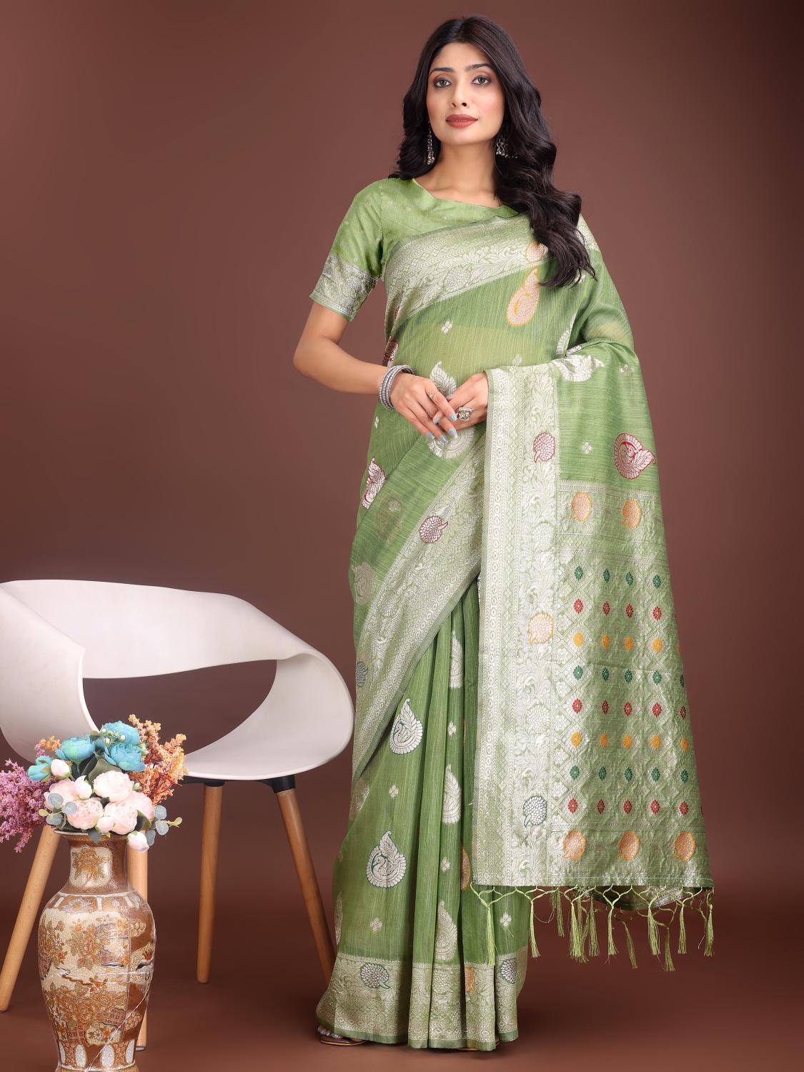 BULBUL by SHREE SHYAM FASHION fancy designer LINEN COTTON  fabric saree wholesale with Fancy latkan