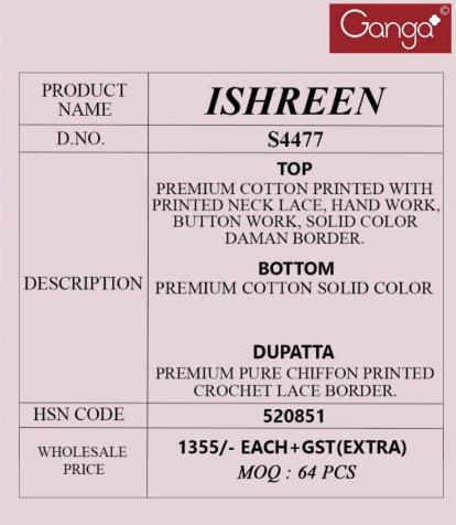 Ganga Ishreen 4477 catalog salwar kameez dress materials wholesale
