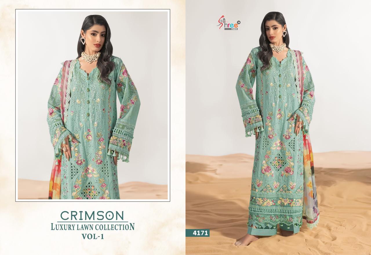 Shree fabs Crimson Luxury Lawn Collection Vol 1 catalog Chiffon Dupatta unstitched pakistani suits wholesale