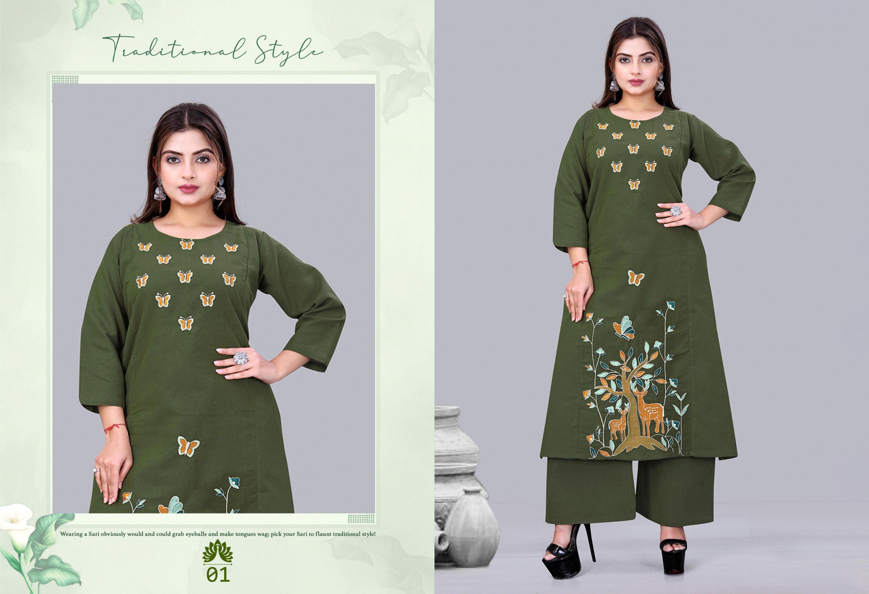 Surili - Aadya Flax Cotton Embroidery Kurta Palazzo Pant Set Traditional