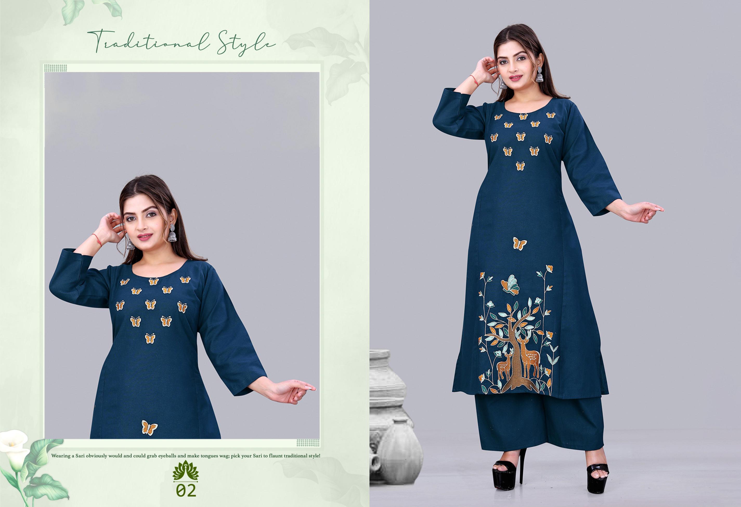 Surili - Aadya Flax Cotton Embroidery Kurta Palazzo Pant Set Traditional