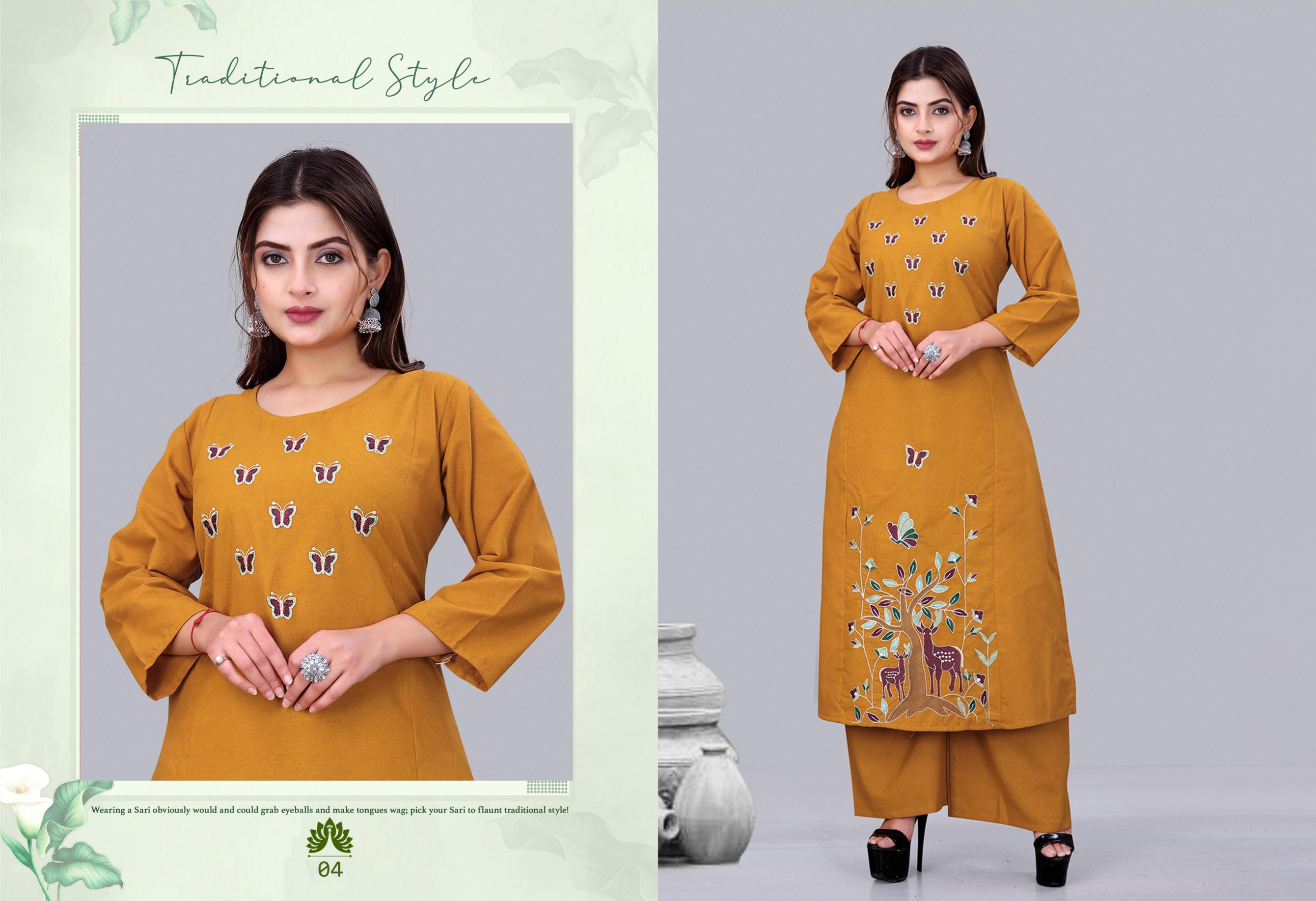 Surili - Aadya Flax Cotton Embroidery Kurta Palazzo Pant Set Traditional
