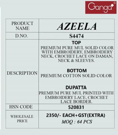 Ganga Azeela 4474 catalog wholesalers of salwar kameez in park street