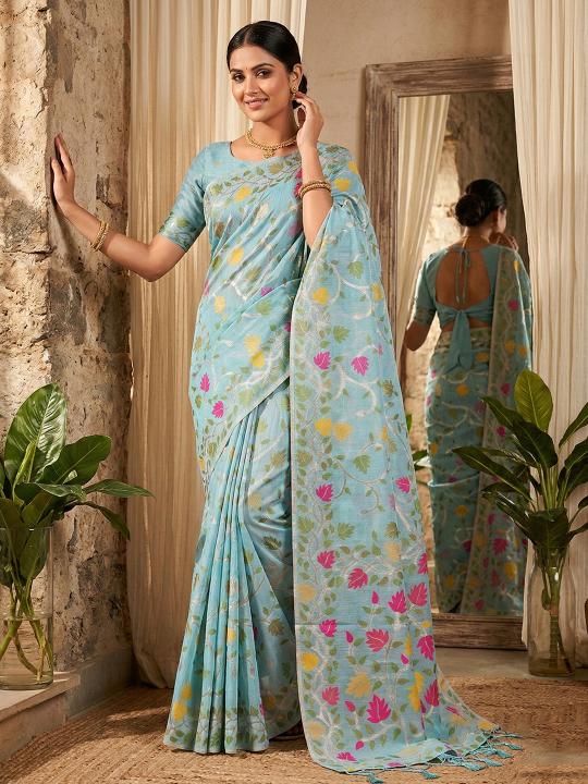 LOVELY LADY by Shree shyam Fashion fancy designer Soft LINEN COTTON fabric saree wholesale with Fancy latkan