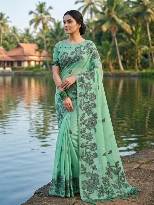 YASHODA by shree shyam fashion fancy designer Soft LINEN COTTON fabric saree wholesale with Fancy latkan