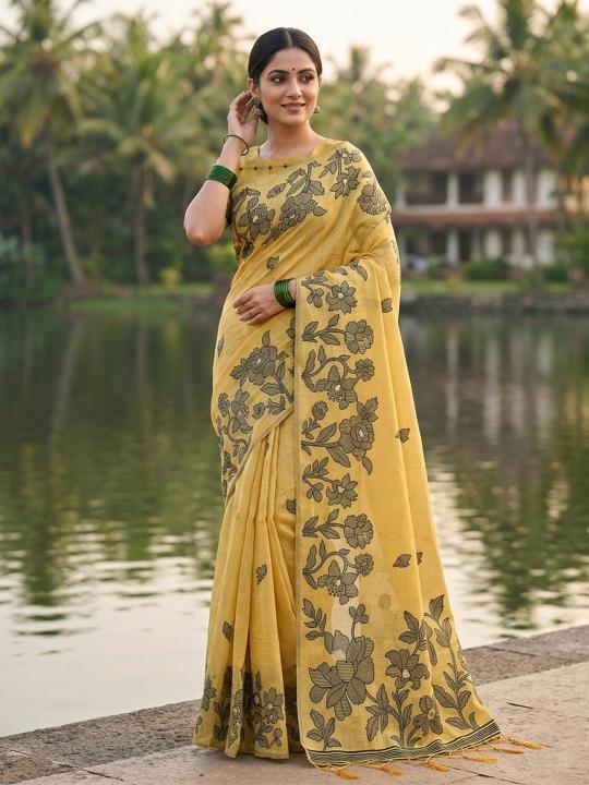 YASHODA by shree shyam fashion fancy designer Soft LINEN COTTON fabric saree wholesale with Fancy latkan