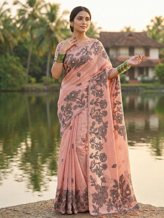 YASHODA by shree shyam fashion fancy designer Soft LINEN COTTON fabric saree wholesale with Fancy latkan