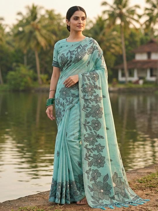 YASHODA by shree shyam fashion fancy designer Soft LINEN COTTON fabric saree wholesale with Fancy latkan
