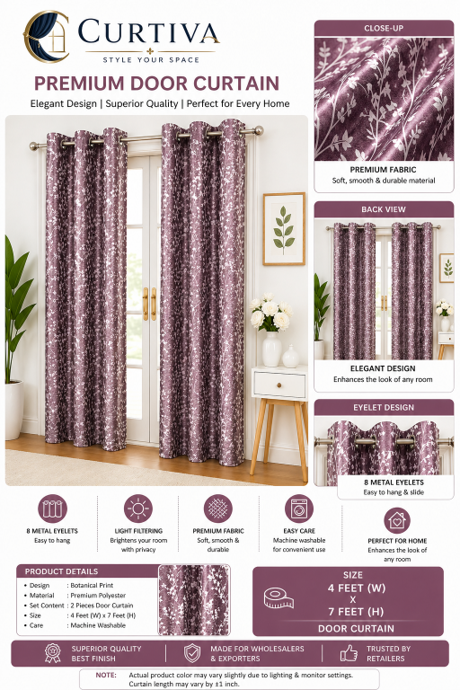 Curtiva Premium Door Curtain 4x7 Feet | Floral Polyester Eyelet Curtains for Living Room & Bedroom