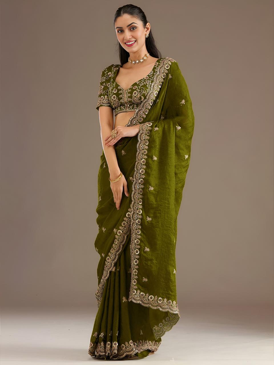 Olive Green Royal Embroidered 1026 Saree wholesale market in Kolkata