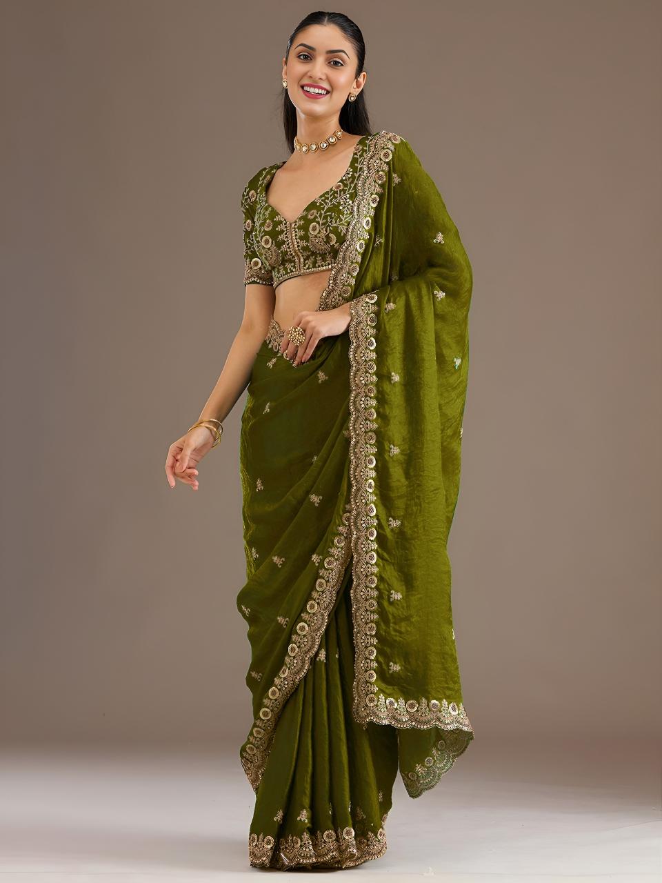 Olive Green Royal Embroidered 1026 Saree wholesale market in Kolkata
