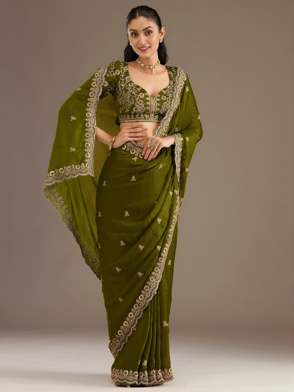 Olive Green Royal Embroidered 1026 Saree wholesale market in Kolkata