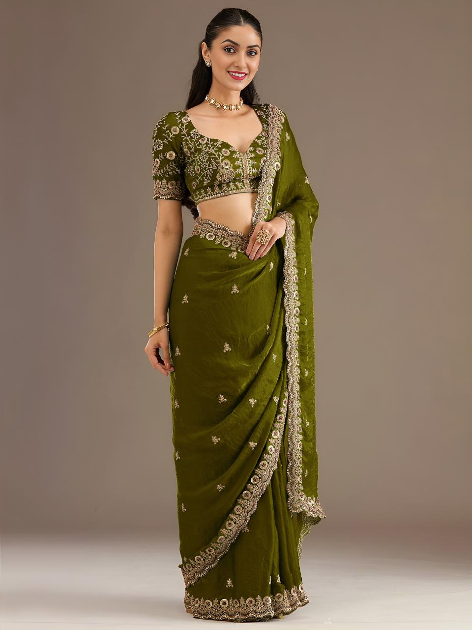 Olive Green Royal Embroidered 1026 Saree wholesale market in Kolkata