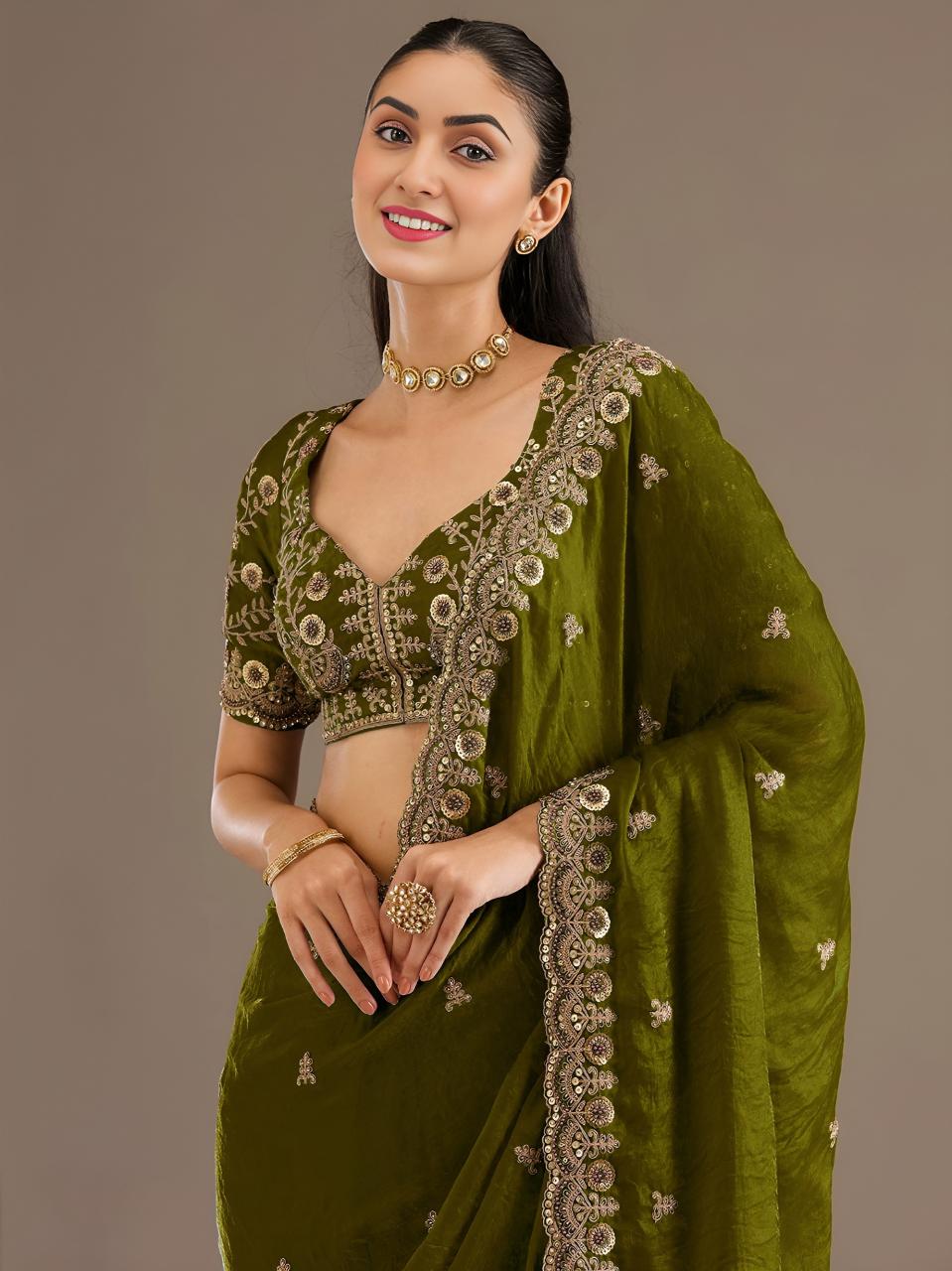 Olive Green Royal Embroidered 1026 Saree wholesale market in Kolkata