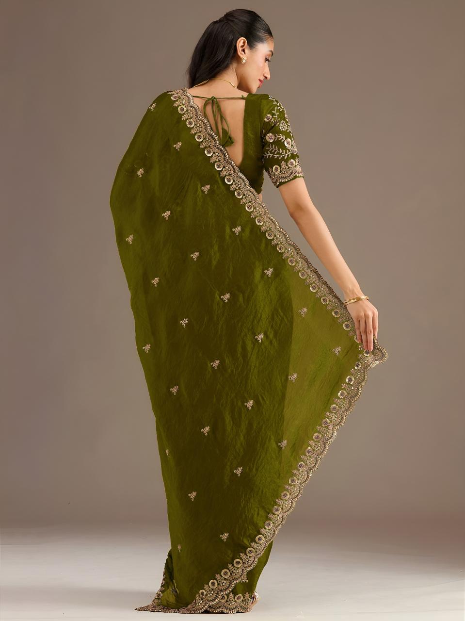 Olive Green Royal Embroidered 1026 Saree wholesale market in Kolkata