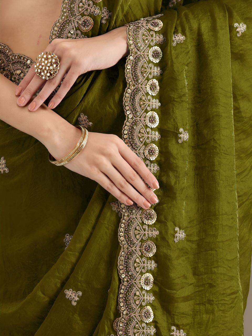 Olive Green Royal Embroidered 1026 Saree wholesale market in Kolkata