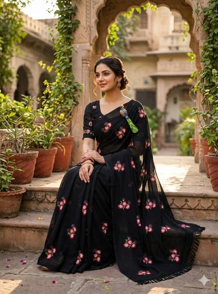 Dazira Georgette with floral embroidery Saree market Pune