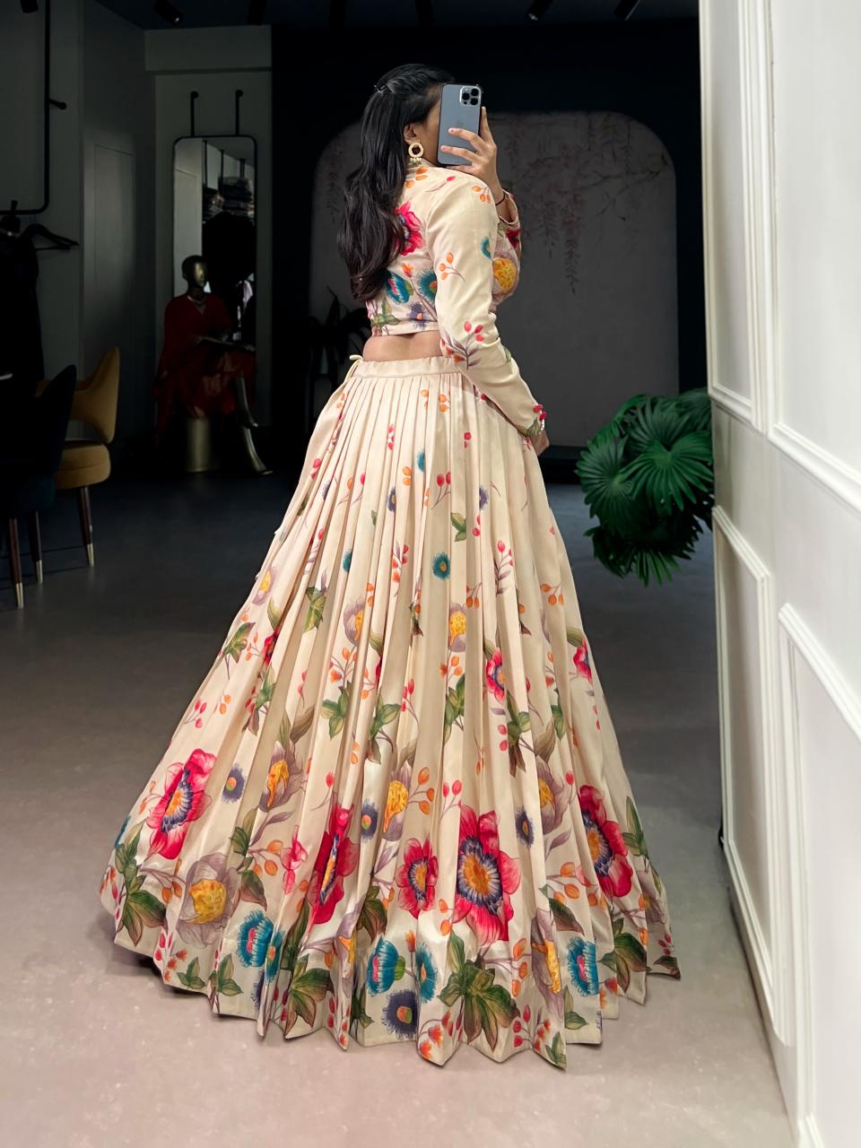 Designer White Navratri Lehenga Choli with Multicolor Zigzag Print