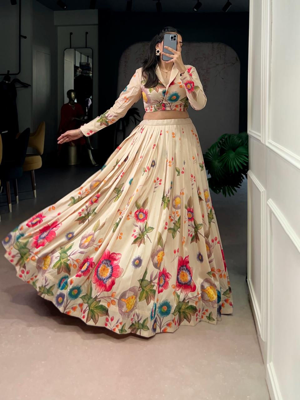 Designer White Navratri Lehenga Choli with Multicolor Zigzag Print