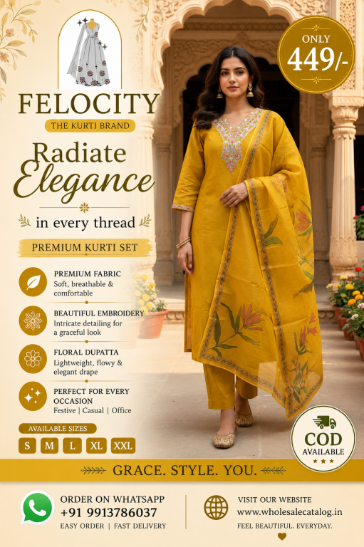 Felocity Mustard Yellow Embroidered Kurti Pant With Floral Dupatta Set