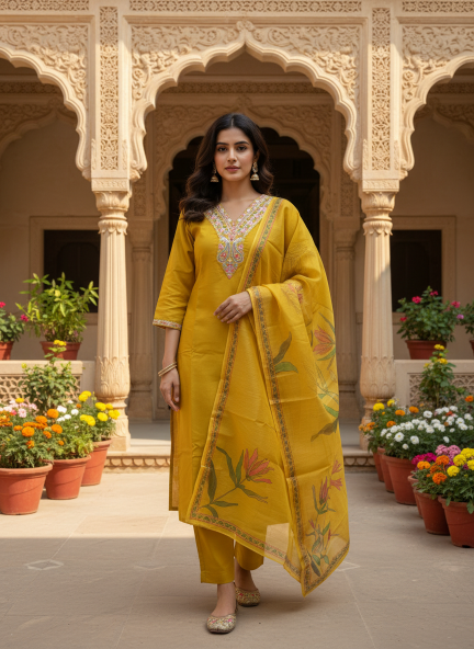 Felocity Mustard Yellow Embroidered Kurti Pant With Floral Dupatta Set